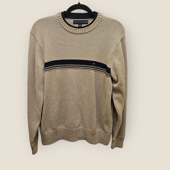 Tommy Hilfiger Other - Tommy Hilfiger Mens Sweater Sz Medium Beige Cotton Blend Striped Crew Neck Knit